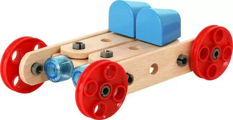 BRIO Builder four wheel car constructed from wooden beams, four red wheels, blue plastic blocks and grey nuts and bolts.