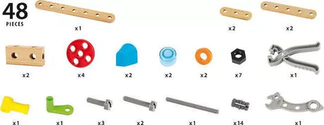 BRIO Builder Starter Set components guide showing 48 pieces, including wooden building parts, wheels, connectors, nuts, bolts, pliers and spanner with quantities.