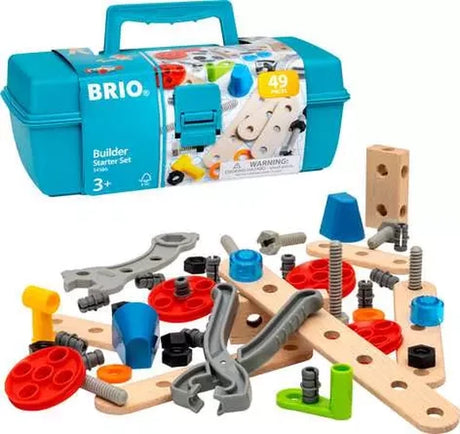 BRIO Builder Starter Set turquoise toolbox with product packaging, wooden building pieces, red wheels, grey nuts and bolts, and toy tools displayed in front.