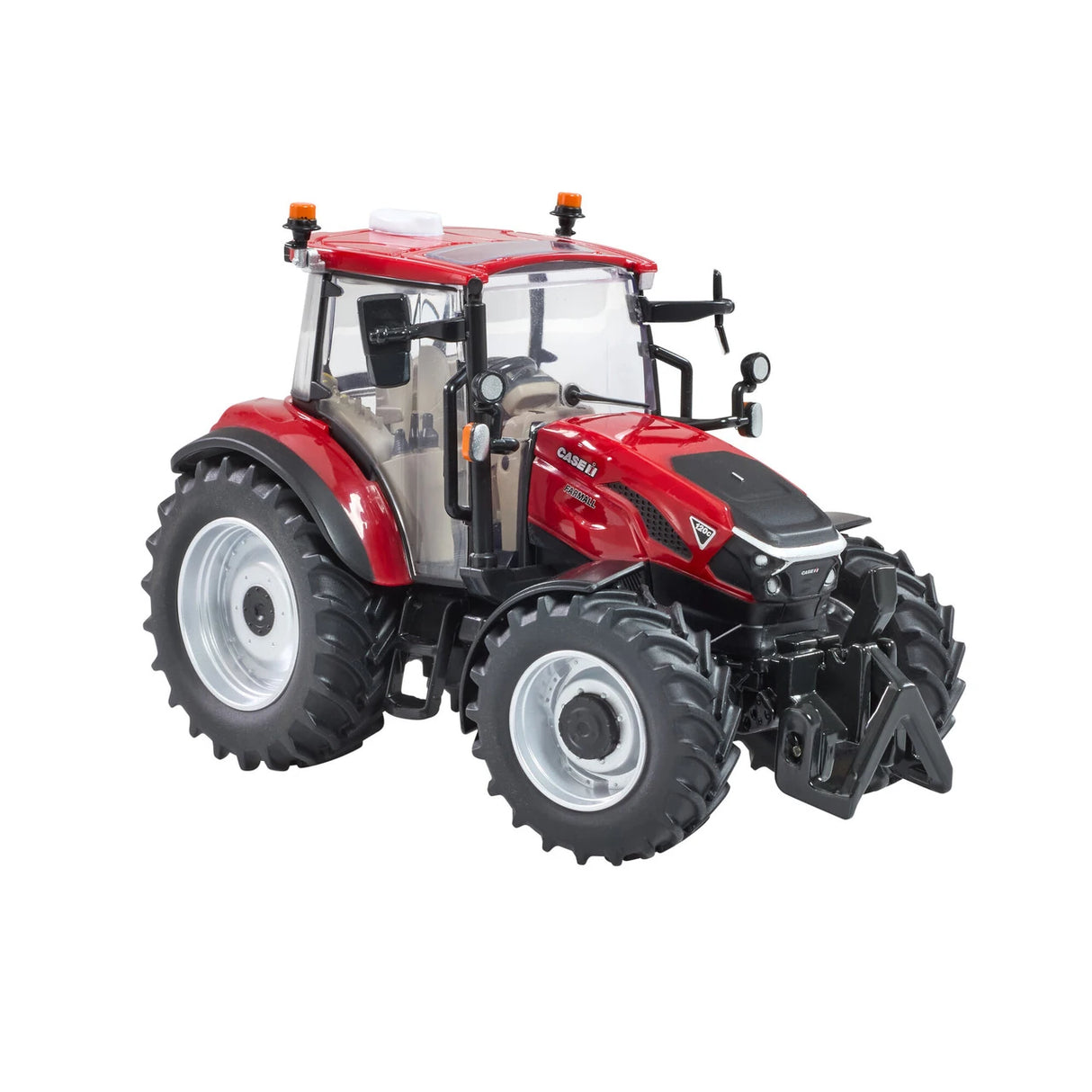 Britains Case Farmall 120 C farm toy tractor shown from the front left with red bonnet and black tread tyres