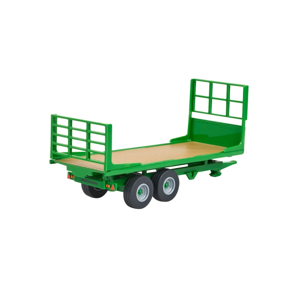 Britains 1:32 Flat Bed Trailer opposite side view with green frame, twin axles and wood effect bed