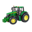Britains John Deere 6M 240 farm toy tractor shown from the front left with green body, cab and tread tyres