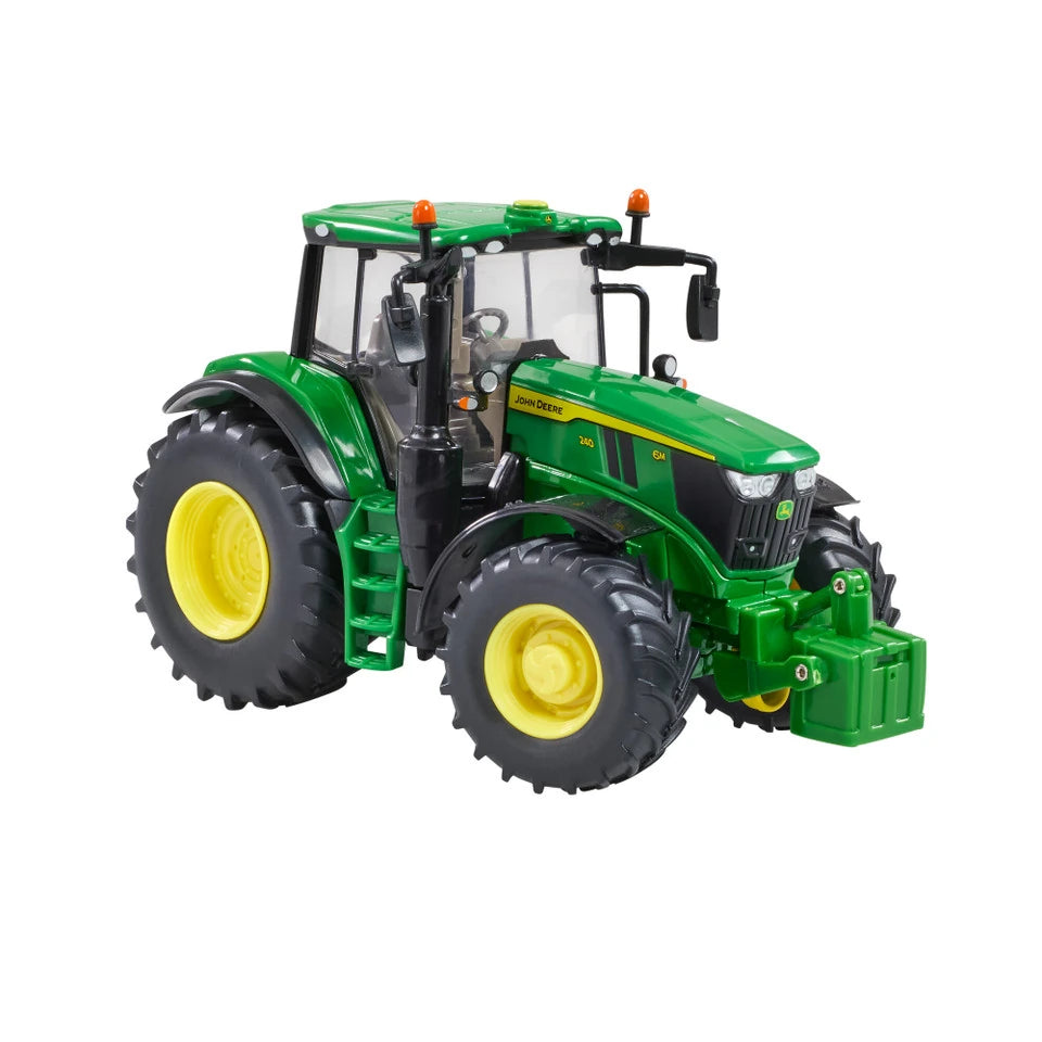 Britains John Deere 6M 240 farm toy tractor shown from the front right with green bonnet and yellow wheels