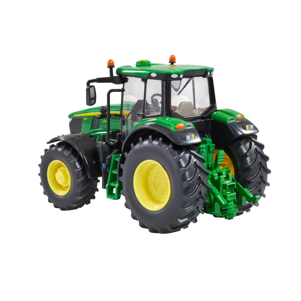 Britains John Deere 6M 240 farm toy tractor shown from the rear left with green body, cab and yellow wheels