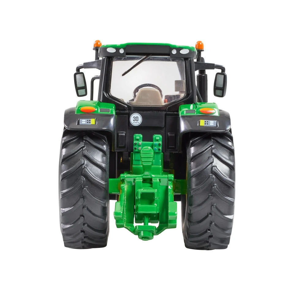 Britains John Deere 6M 240 farm toy tractor shown from the rear with black tread tyres and cab detail