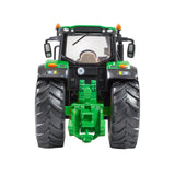 Britains John Deere 6M 240 farm toy tractor shown from the rear with black tread tyres and cab detail