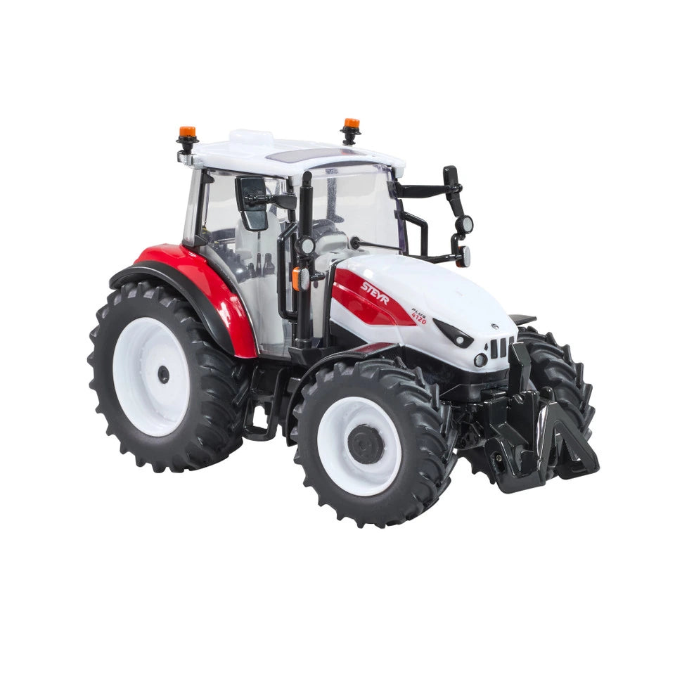 Britains Steyr 4120 Plus farm toy tractor shown from the front left with cab, mirrors and front hitch visible