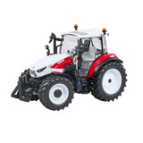 Britains Steyr 4120 Plus farm toy tractor shown close up from the front left with red side panel and white wheels