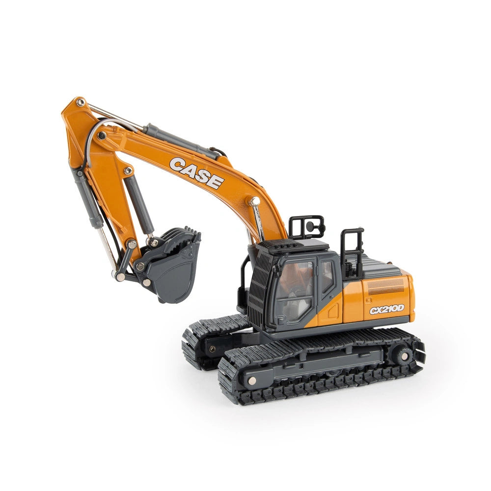 Britains Case CX210D excavator model shown from right side with Case branding on engine housing, metal tracks, cab handrails, articulated dipper stick, hydraulic hoses and bucket attachment