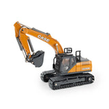 Britains Case CX210D excavator model shown from right side with Case branding on engine housing, metal tracks, cab handrails, articulated dipper stick, hydraulic hoses and bucket attachment