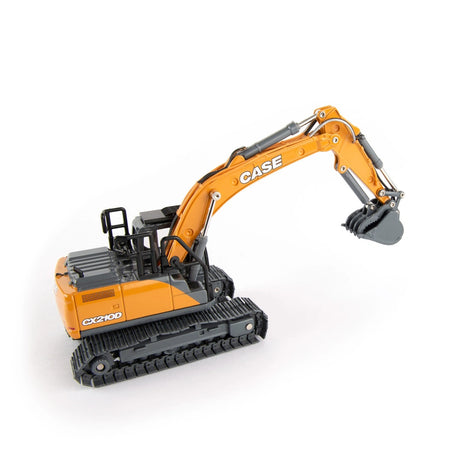 Britains Case CX210D excavator model shown from left side with tracked undercarriage, rotating upper body, enclosed cab with clear glazing, articulated boom arm, hydraulic cylinders and digging bucket