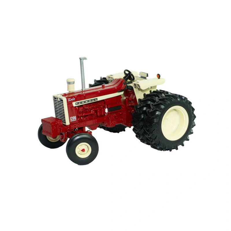 Britains Case IH Farmall 1206 tractor model shown from front right angle with Farmall side decals, narrow front wheels, rear dual tyres, exposed engine components, exhaust stack and steering wheel