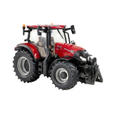 Britains Case Maxxum 150 tractor model shown in front three quarter view with red bodywork, black bonnet, large tread tyres, enclosed cab fitted, front linkage visible, and Case IH decals on a white background
