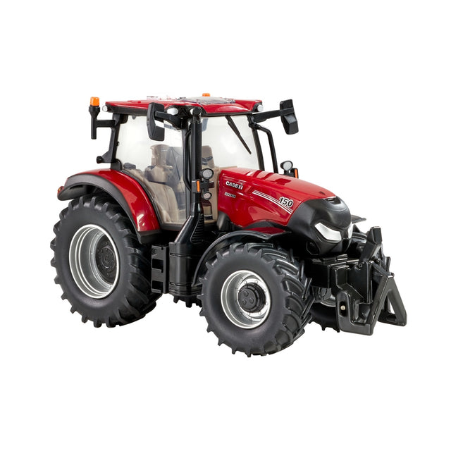 Britains Case Maxxum 150 tractor model shown in front three quarter view with red bodywork, black bonnet, large tread tyres, enclosed cab fitted, front linkage visible, and Case IH decals on a white background