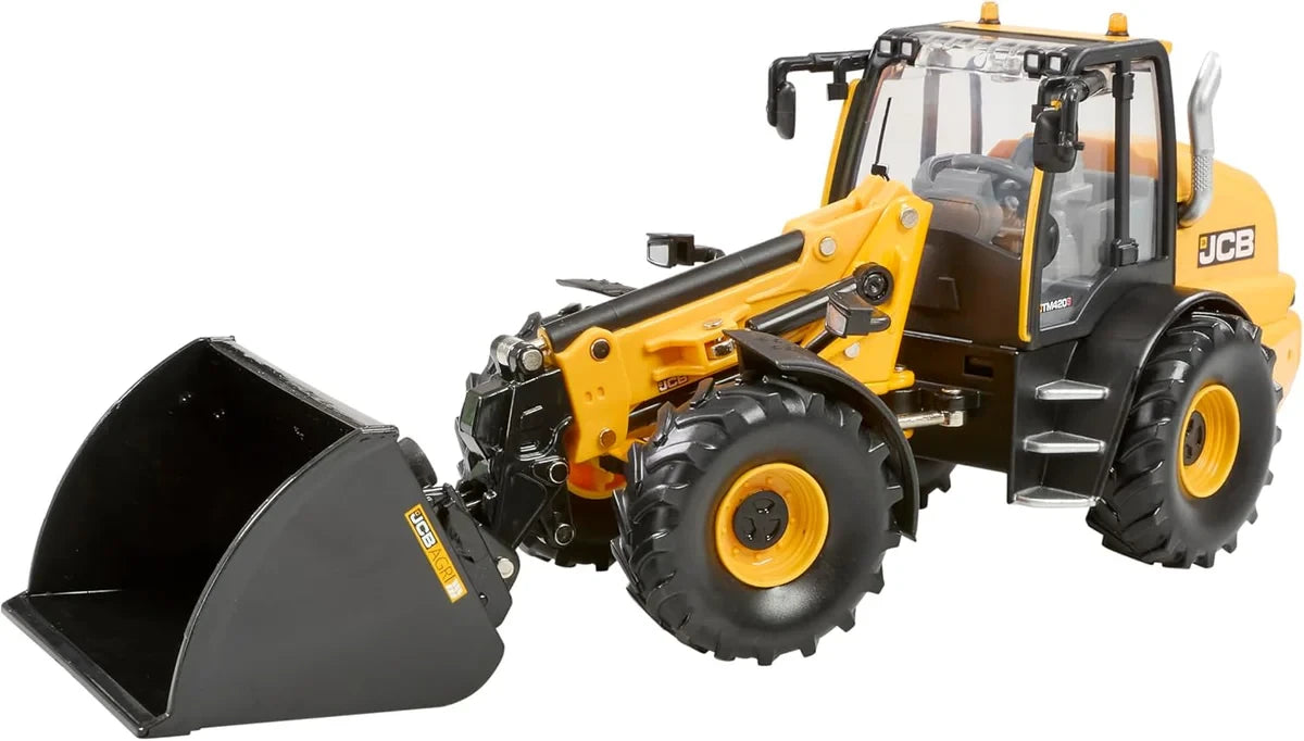 Britains JCB TM420S loader shown from a front left angle with yellow and black bodywork, enclosed cab with clear windows and a front bucket visible