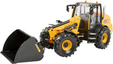 Britains JCB TM420S loader shown from a front left angle with yellow and black bodywork, enclosed cab with clear windows and a front bucket visible