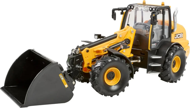 Britains JCB TM420S loader shown from a front left angle with yellow and black bodywork, enclosed cab with clear windows and a front bucket visible