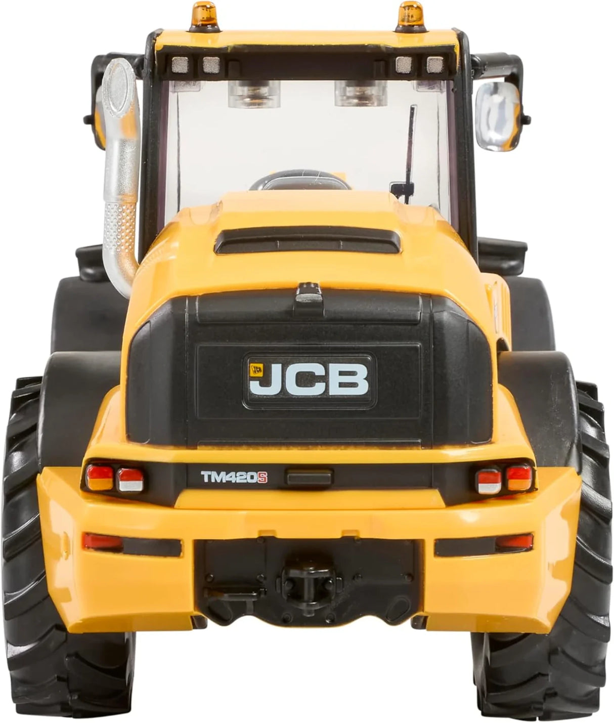 Rear view of the Britains JCB TM420S loader showing rear body panel with JCB branding, rear lights, hitch area and enclosed cab
