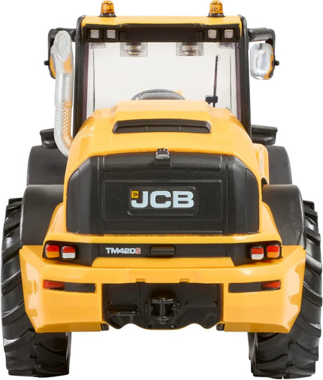 Rear view of the Britains JCB TM420S loader showing rear body panel with JCB branding, rear lights, hitch area and enclosed cab