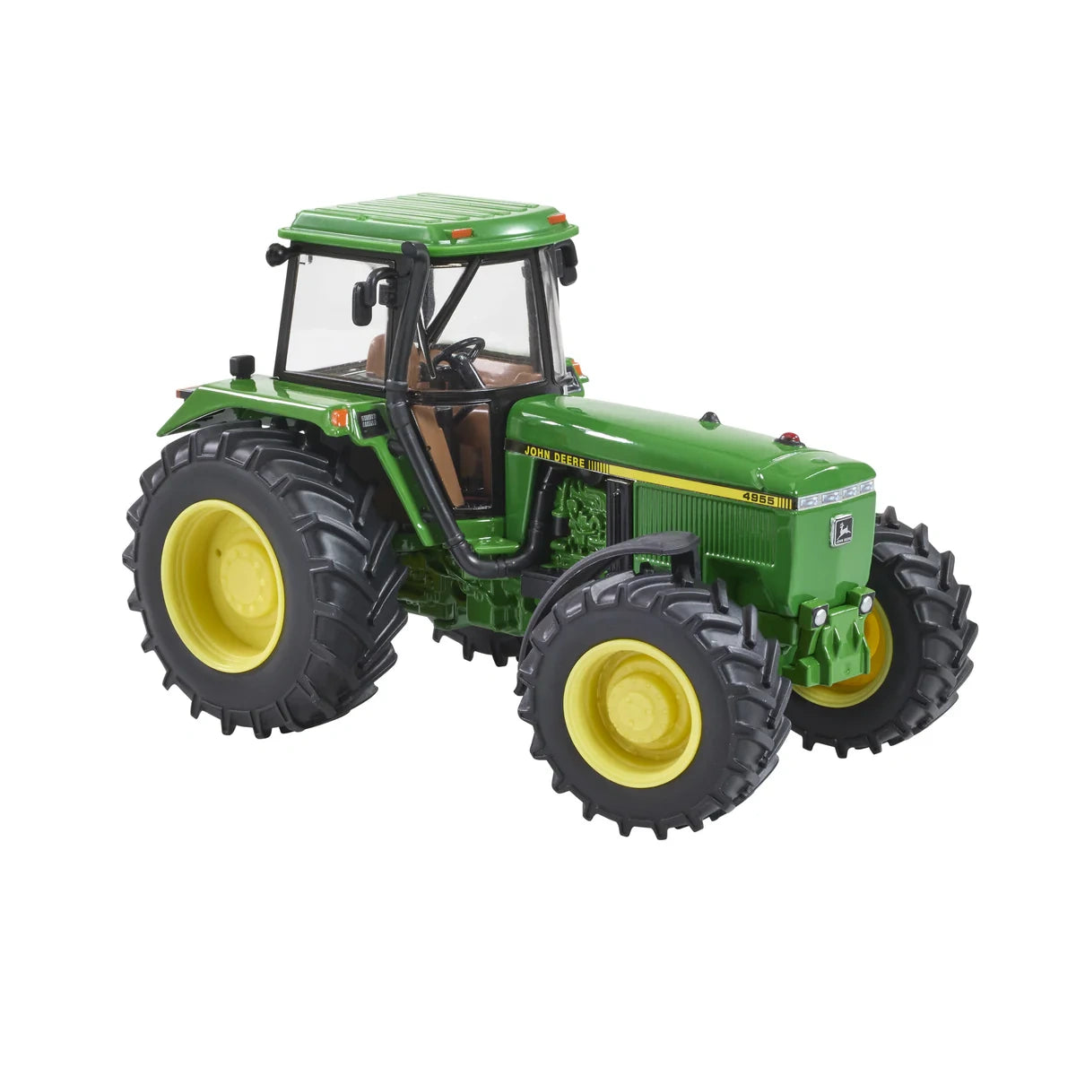 Britains John Deere 4955 tractor model shown from front right angle with John Deere side decals, engine detailing, exhaust stack, cab glazing, steering wheel and deep tread tyres