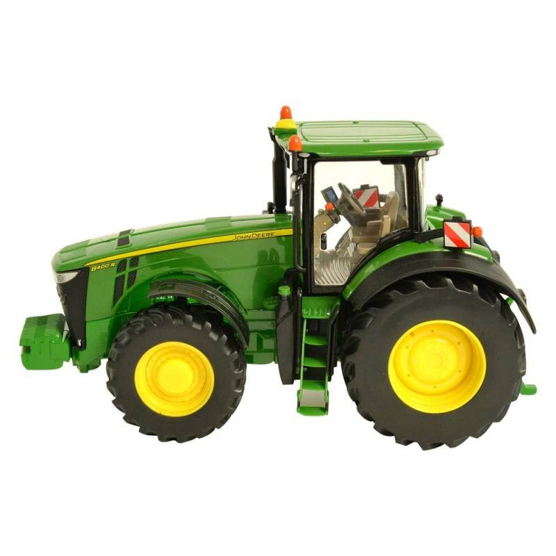 Britains John Deere 8400R tractor model shown in left side profile with green body, yellow wheels, enclosed cab, front weight attached, and John Deere decals on a white background