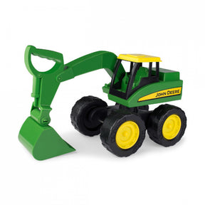 Britains John Deere Big Scoop Excavator with green body, yellow roof, black cab frame, oversized black wheels with yellow rims, and John Deere logo visible on the side panel