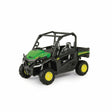 Britains John Deere Gator RSX860I utility vehicle model shown from front left angle with green bonnet, black roll cage, open cab seating, front grille detail, large tread tyres and yellow wheels