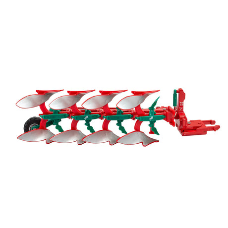 Britains Kverneland 2300 S Variomat plough 1:32 scale model shown from the side with curved silver mouldboards, red frame structure, green adjustment components and linkage detail on a white background