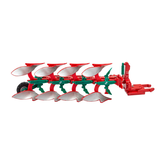 Britains Kverneland 2300 S Variomat plough 1:32 scale model shown from the side with curved silver mouldboards, red frame structure, green adjustment components and linkage detail on a white background