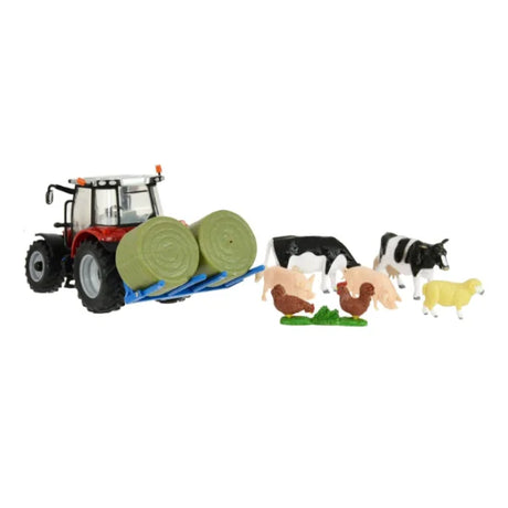 Full layout of Britains Massey Ferguson 5613 playset with tractor, animals and bales arranged on white – Ireland