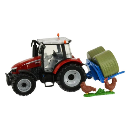 Britains Massey Ferguson 5613 tractor lifting two green hay bales with rear-mounted bale lifter – Ireland
