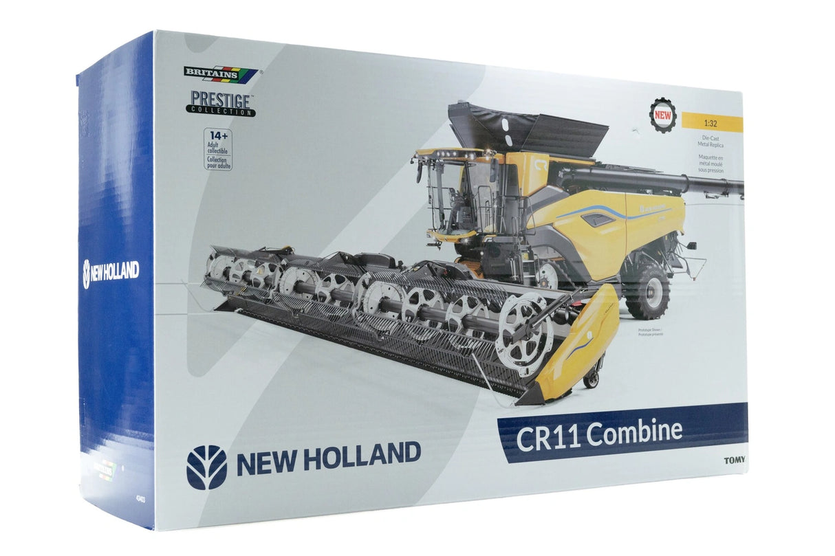 Britains Prestige Collection New Holland CR11 Combine 43403 retail box showing the 1:32 scale CR11 combine with wide harvesting header, New Holland branding and 14+ marking