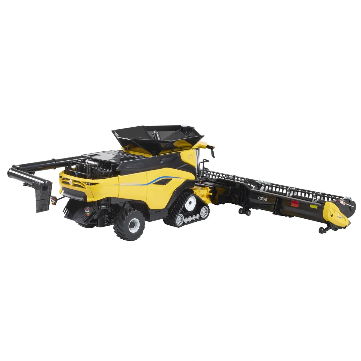 Britains New Holland CR11 Combine 43403 viewed from the rear left with black unloading auger extended, front track unit, rear wheel and wide FD250 draper header attached