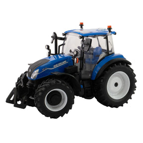 Britains New Holland T5.120 tractor model shown from front left angle with blue body panels, black bonnet, large rear tyres, smaller front tyres, front linkage detail and enclosed cab with clear glazing