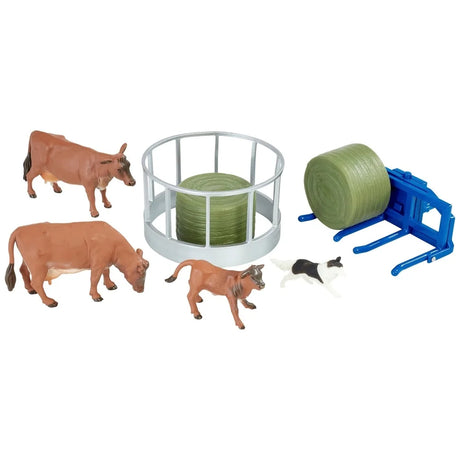 Brown cows, calf, and sheepdog figures included in the Britains Valtra Playset – Ireland
