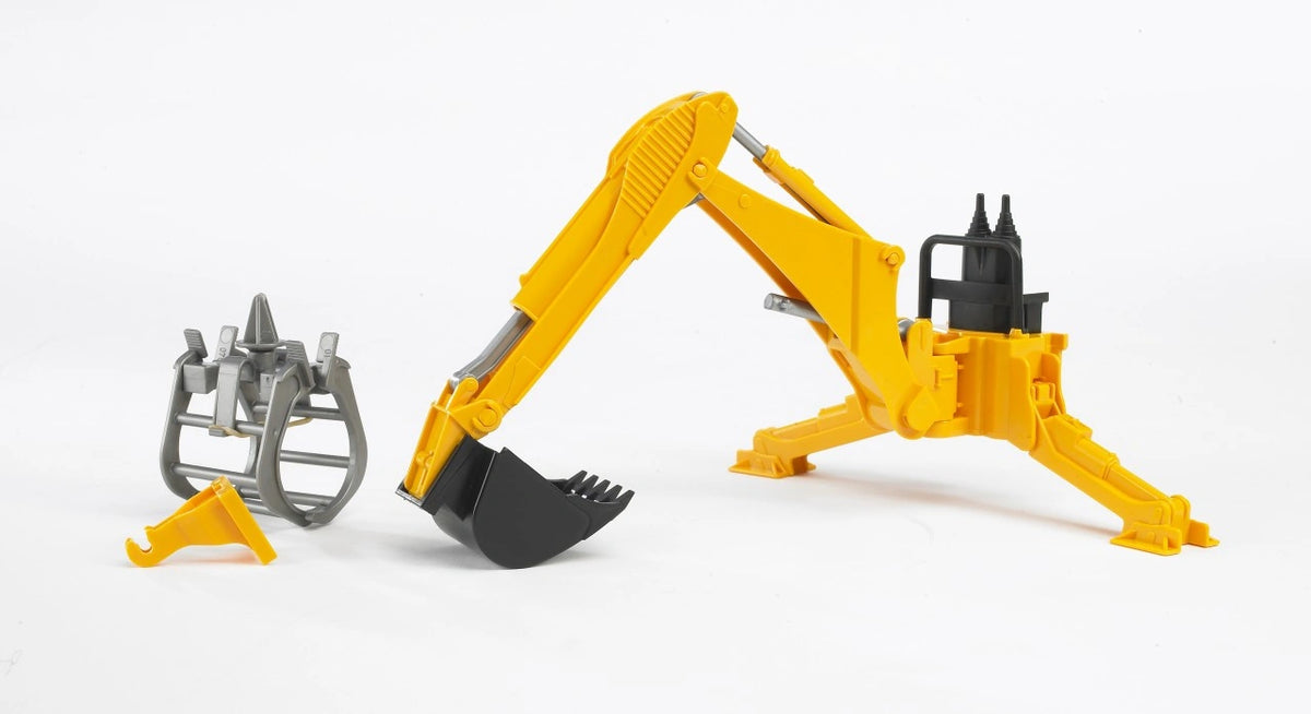 Bruder Rear Hydraulic Arm with Grab 02338 showing the black digging bucket fitted to the yellow excavator arm, with the grey grab and yellow connector displayed separately.