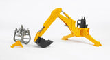 Bruder Rear Hydraulic Arm with Grab 02338 showing the black digging bucket fitted to the yellow excavator arm, with the grey grab and yellow connector displayed separately.