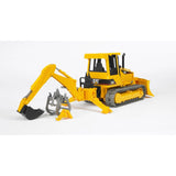 Bruder Rear Hydraulic Arm 02338 fitted to a yellow CAT tracked bulldozer, showing the black digging bucket lowered, grey grab beside it and rear support legs.