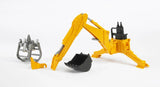 Bruder 1:16 Rear Hydraulic Arm 02338 displayed with its yellow excavator arm lowered, black digging bucket, grey grab and separate yellow attachment connector.