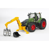 Bruder Rear Hydraulic Arm with Grab fitted to a green Claas tractor with orange wheels, showing the extended yellow excavator arm, grey grab and separate black bucket.