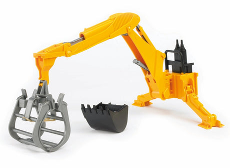 Bruder 1:16 Rear Hydraulic Arm 02338 with extended yellow excavator arm, attached grey grab, separate black digging bucket and folding support legs.
