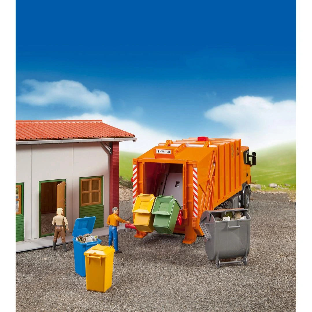 Bruder 02607 refuse bins in a waste collection scene featuring an orange garbage truck loading yellow and green bins, with a blue bin and grey container nearby.