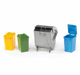 Four Bruder 02607 refuse bins displayed together, including two small closed yellow and green bins, a large grey wheeled container and an open blue bin.