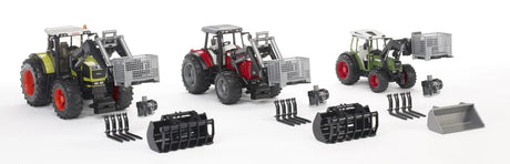 Three Bruder tractors in green, red and grey each lifting a grey basket pallet, with accessory forks, winches and loader tools arranged in front on a white background.