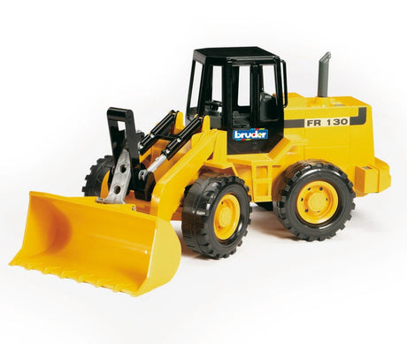 Bruder 1:16 articulated road loader FR 130 shown from the front left with the bucket lowered