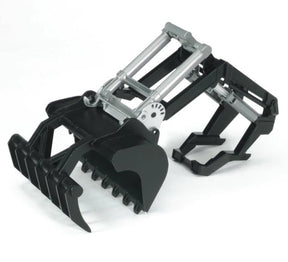 Bruder front loader showing black toothed bucket with silver frame and black supports