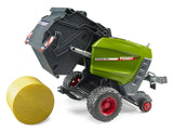 Bruder Fendt Rotana 180V round baler with rear section open and yellow round bale beside it