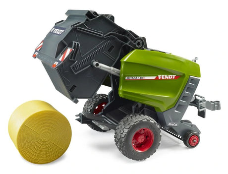 Bruder Fendt Rotana 180V round baler with rear section open and yellow round bale beside it