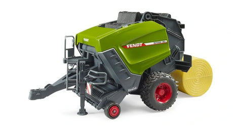 Bruder Fendt Rotana 180V round baler from the opposite side with yellow round bale at the rear