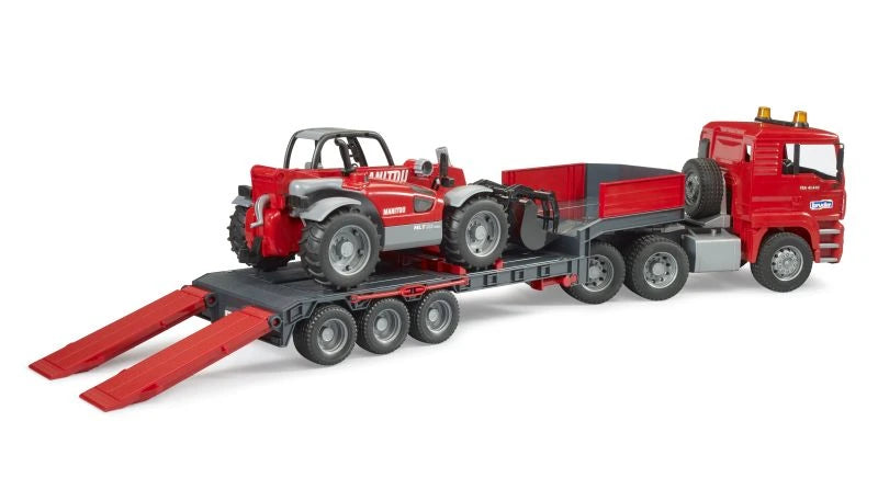 Bruder MAN TGA low loader truck with Manitou telehandler and rear loading ramps lowered
